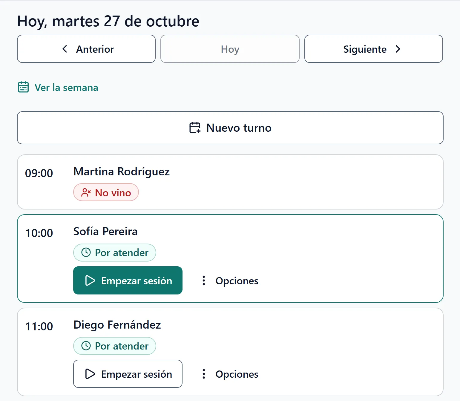 Captura de la app: la agenda de hoy, con Martina Rodríguez marcada como «No vino» y los turnos de Sofía Pereira y Diego Fernández por atender.