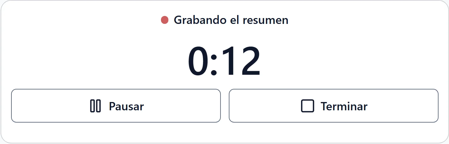 Captura de la app: grabando el resumen de la sesión de Sofía Pereira, 0:12, con los botones Pausar y Terminar.